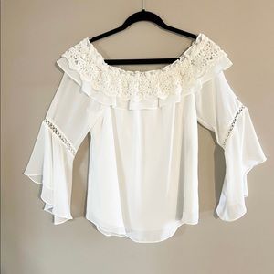 White House Black Market off-the -shoulder crochet top light cream size large